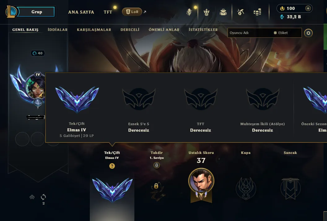 Buy 『EUW』Diamond 4 +30 LP【 %83 Win Rate 】5 Win 1 Lose