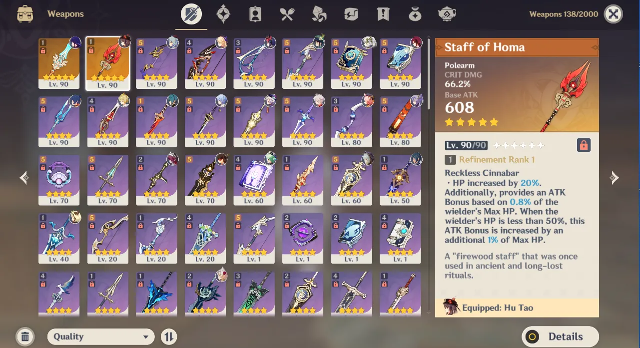 Compra Asia / AR 58 ⸱ 12 + 2 Leg Hu Tao ( Staff of Homa ) ⸱ Raiden C1