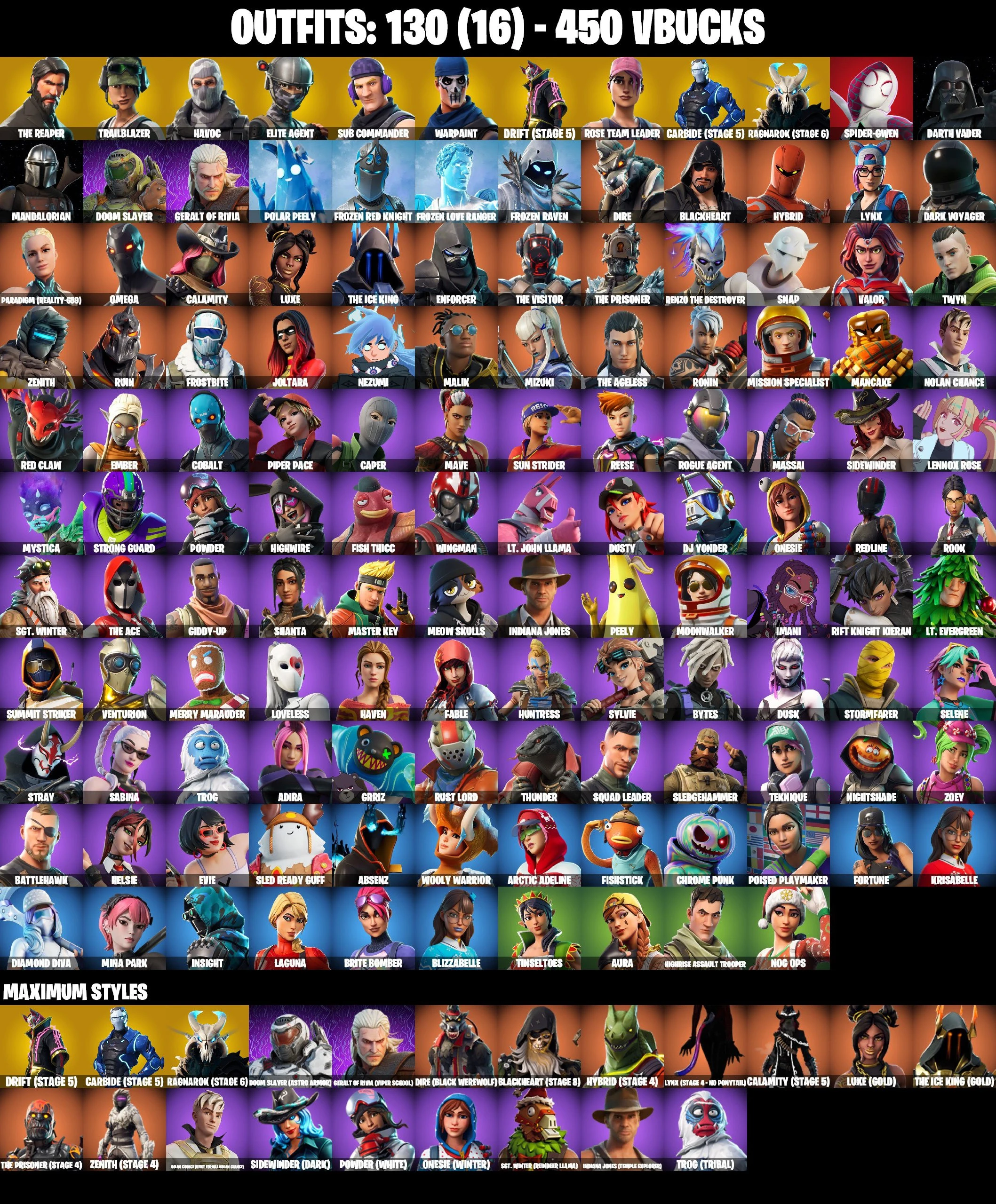 ❤️ 130 SKINS ❤️ TAKE THE L ❤️ THE REAPER ❤️ TRAILBLAZER ❤️ FREESTYLIN ❤️ ELITE AGENT ❤️ OG STW FOUNDERS ❤️ HAVOC ❤️ SUB COMMANDER ❤️ JOLTARA ❤️ OMEGA ❤️ MANDALORIAN ❤️ MINA PARK ❤️ SPIDER-GWEN ❤️ DART