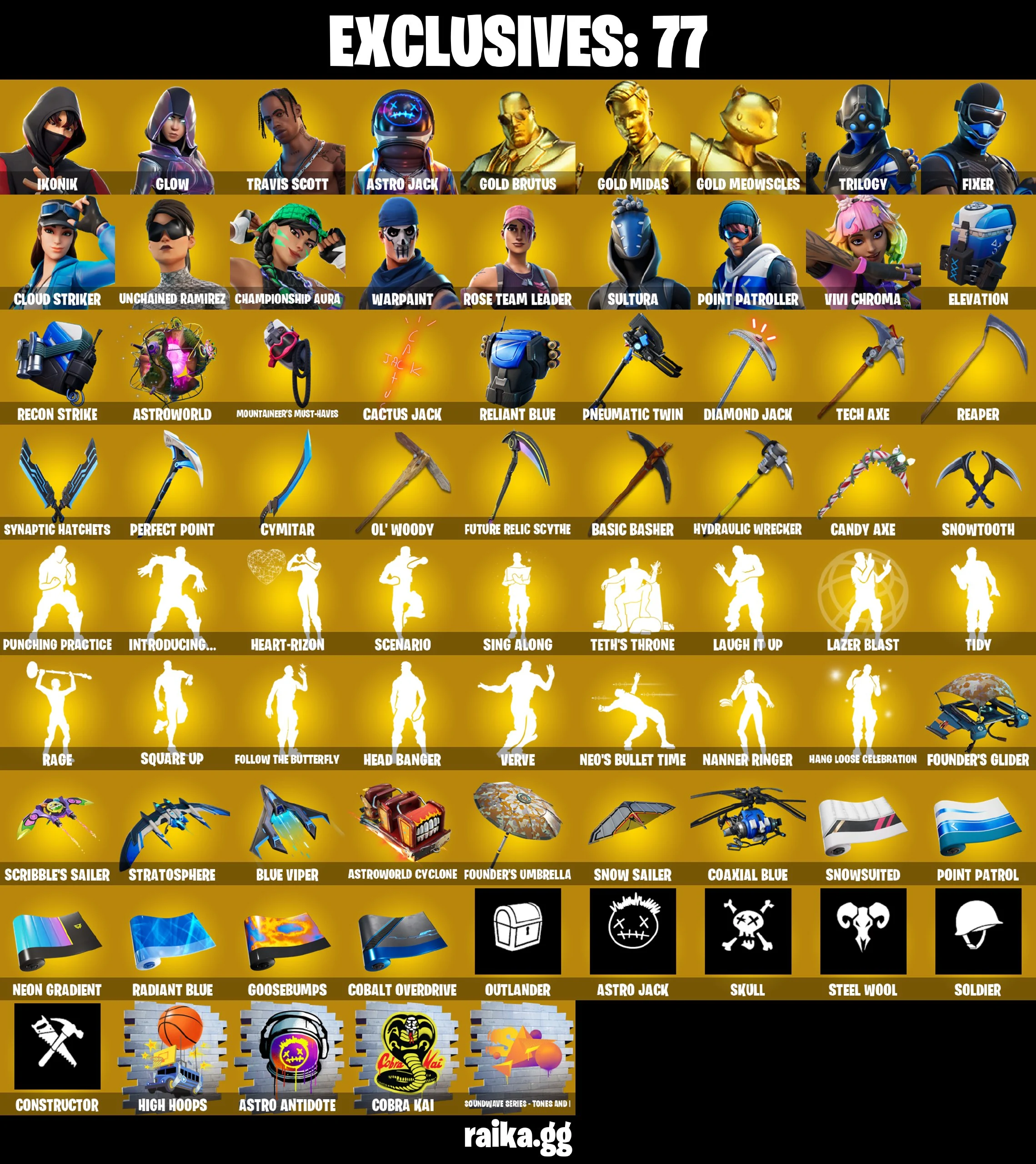 274 SKINS ✨ IKONIK ✨ Travis Scott ✨ Glow ✨ Astro Jack ✨ Gold Brutus ✨ Gold Midas ✨ Gold Meowscles ✨ Trilogy ✨ Fixer ✨ 800 V-Bucks (PC)