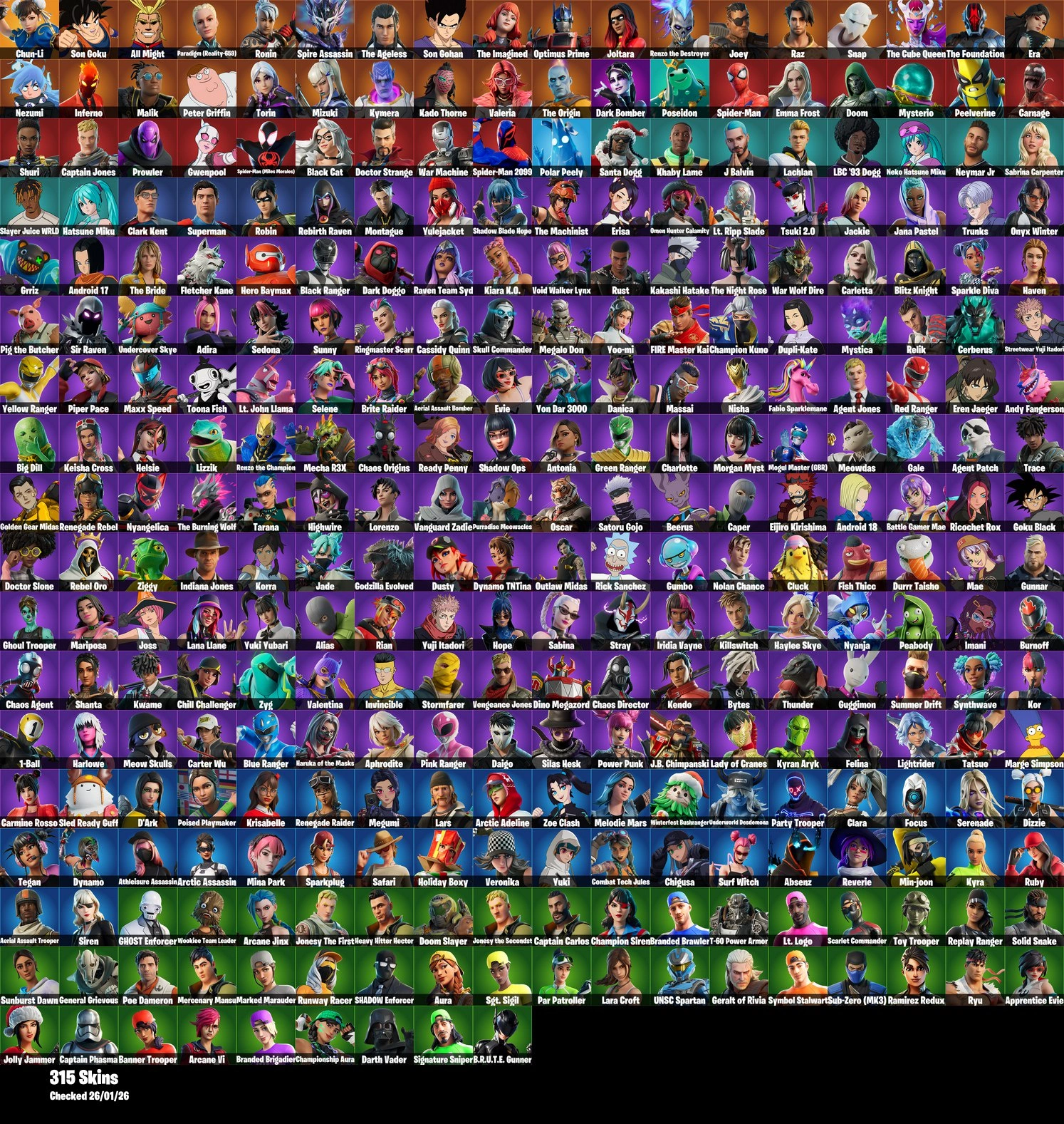 [PC/PSN/XBOX] 315 Skins | Chun-Li | Super Cab-Masher | ALL MIGHT | Spider-Man Miles Morales | Kakashi Hatake | SATORU GOJO | Arcane Jinx | Dazzle Daggers | Bird Call | Montague | Yulejacket | Spider-M