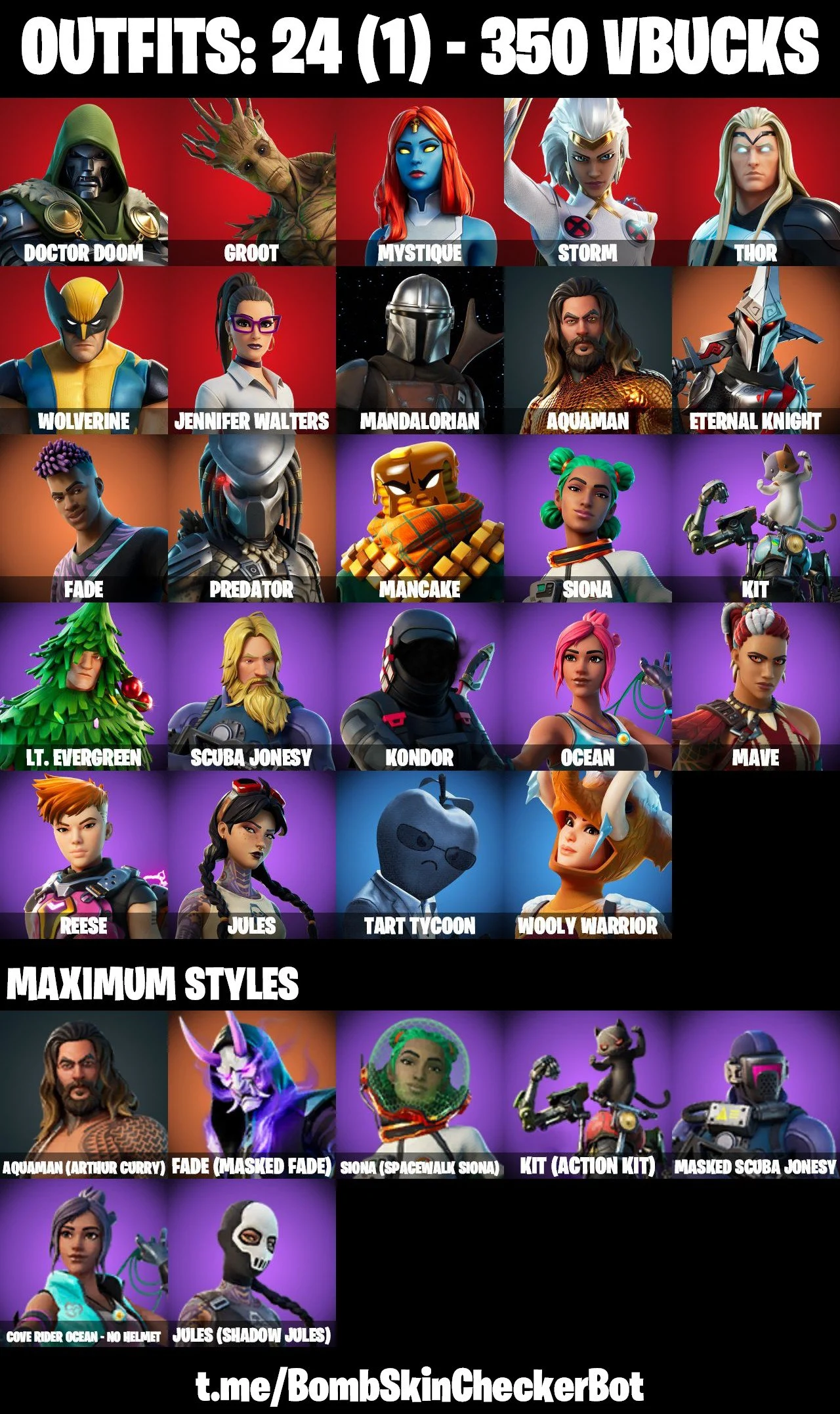 Buy 24 Skins Aquaman, Mystique, Wolverine, Thor, Storm, Groot