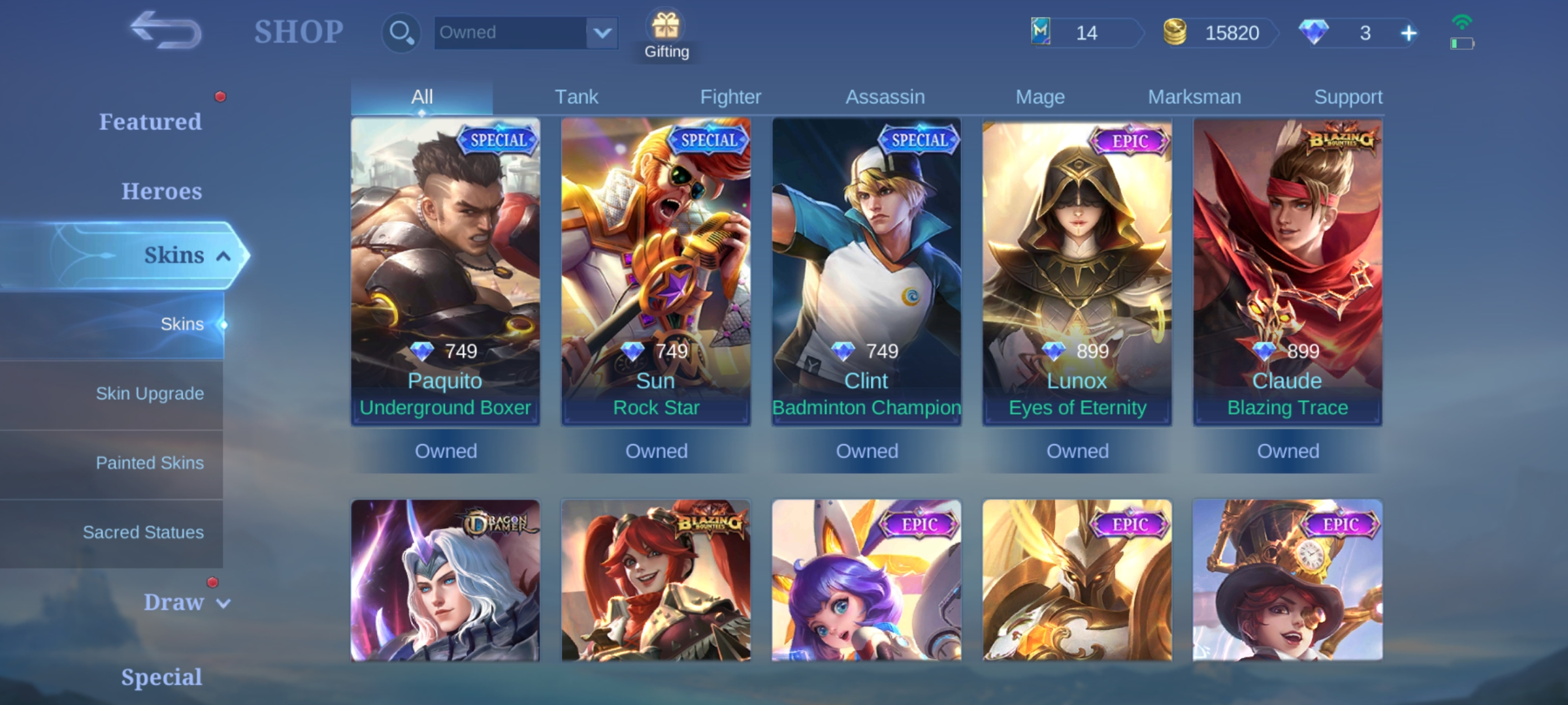Achetez 19🔥FULL MAX EMBLEM🔥SKINS 134🔥HERO 97🔥WINRATE GG🔥EPIC LUNOX🔥