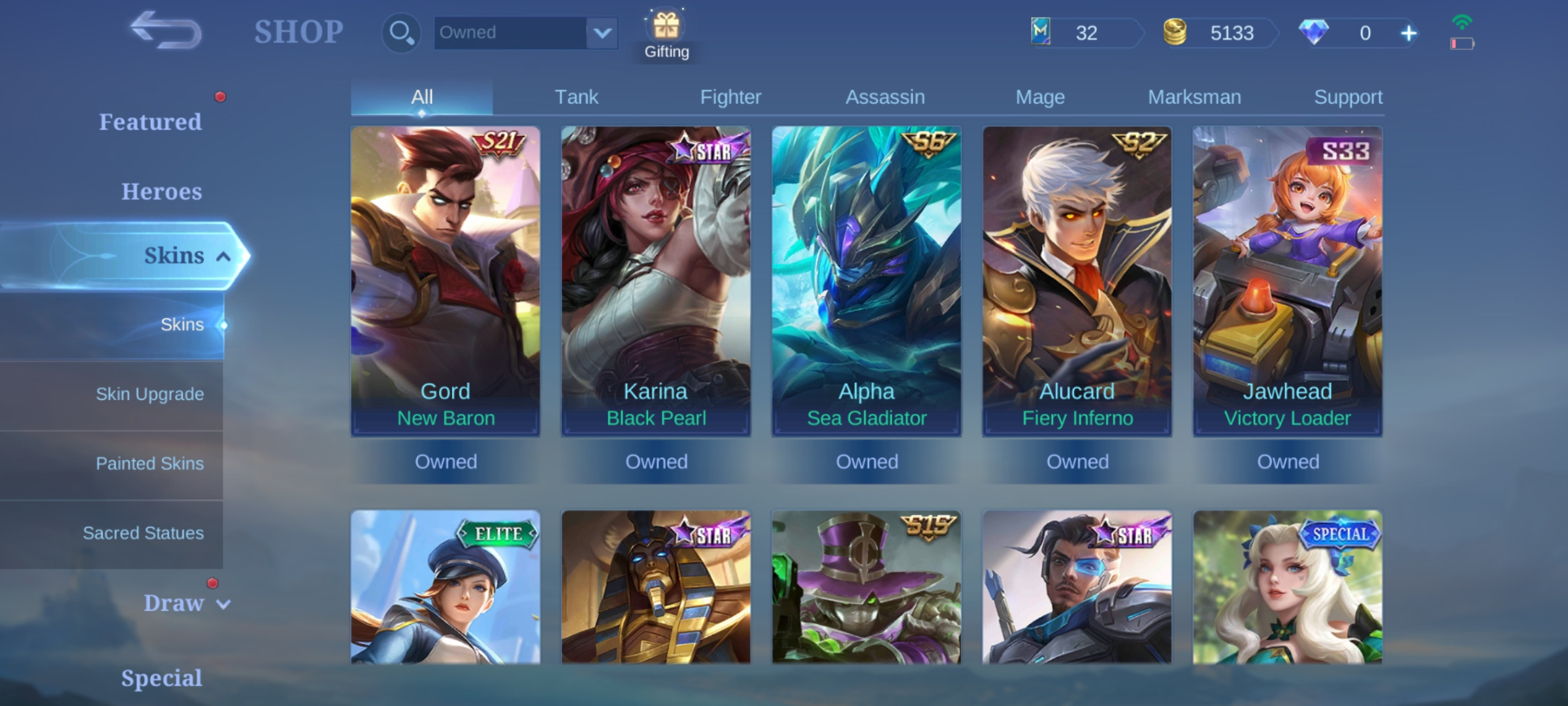 Buy 20🔥SKINS 94🔥HERO 50🔥EPIC YI SHUN SHIN🔥EPIC LANCELOT🔥LIGHBORN