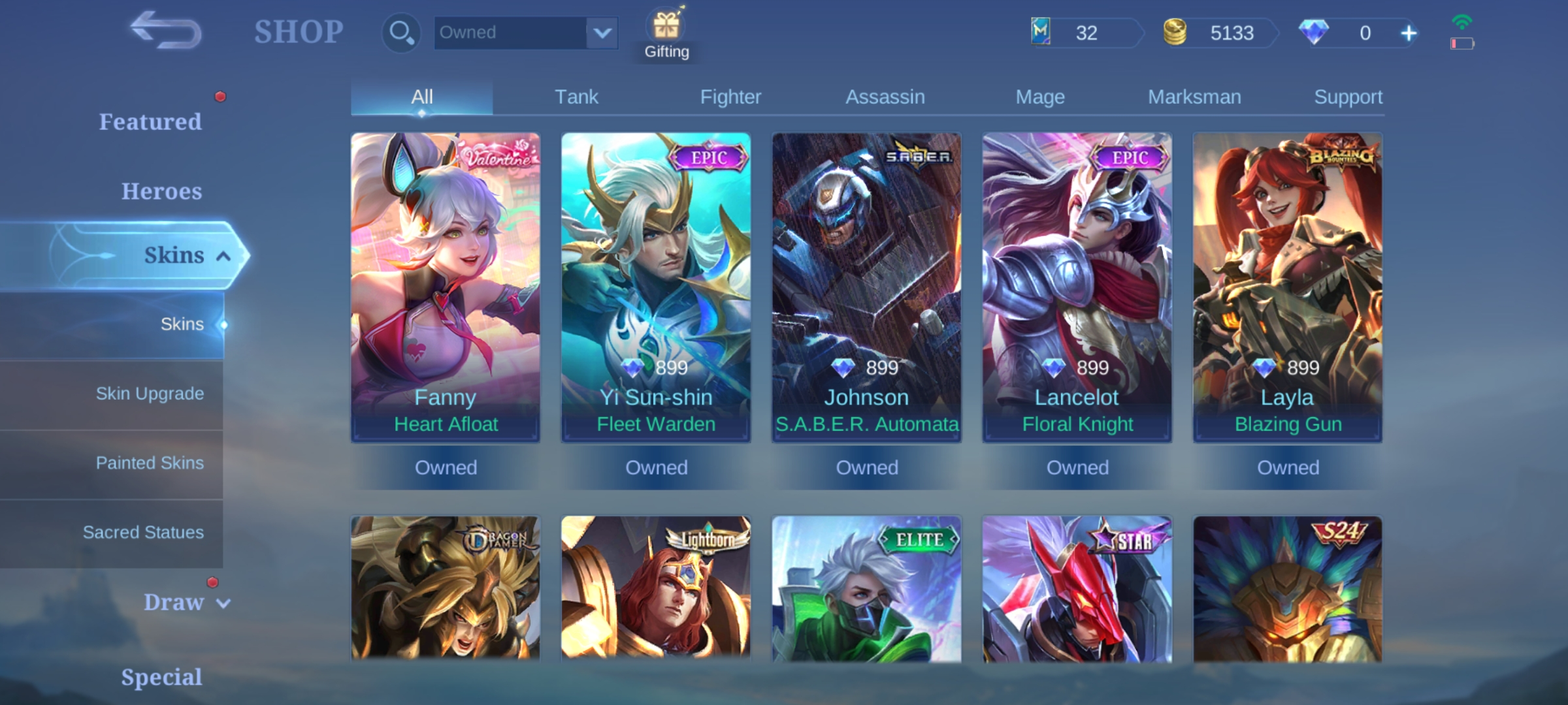 Buy 20🔥SKINS 94🔥HERO 50🔥EPIC YI SHUN SHIN🔥EPIC LANCELOT🔥LIGHBORN