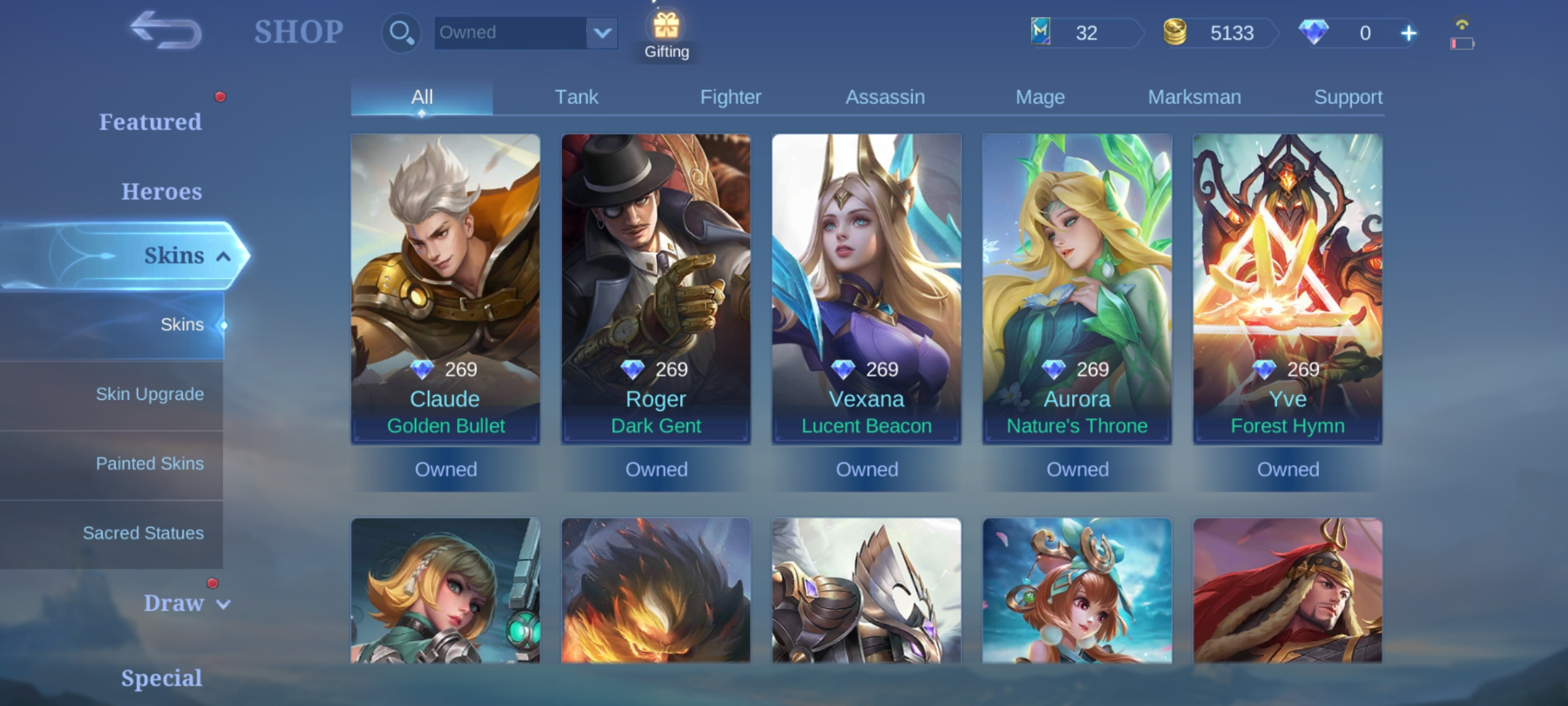 Buy 20🔥SKINS 94🔥HERO 50🔥EPIC YI SHUN SHIN🔥EPIC LANCELOT🔥LIGHBORN