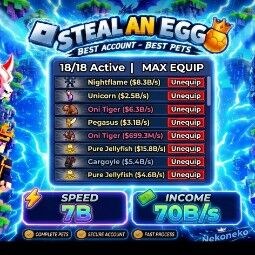 Income 70B/s · Speed 7B · Pure Jellyfish 15.8B/s · Night Flame 8.5B/s · Oni Tiger 6.3B/s · Gargoyle 5.4B/s · Pure Jellyfish 4.6B/s · Pegassus 3.1B/s · Clean