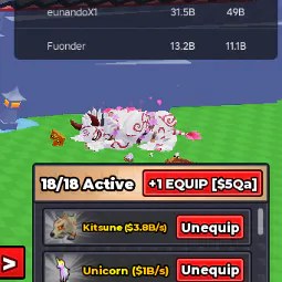 SAME ACCOUNT AS IMAGE SEE IMAGE FOR DETAILS 64B/s 1.6B Speed · 1,600,000,000 3x DIVINE PETS ( 2x UNICORN · KITSUNE ) 1x BIG GORILLA KING 1x GOLDEN + SILVER ON