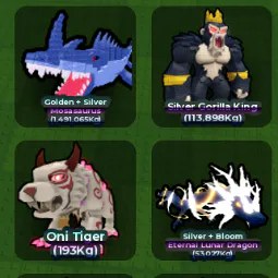 Account · Money39.5B/s · 10.1B Speed · 1x Kitsune · 4x Eternal Lunar Dragon · 1xMosasaurus · 5x Oni Tiger · 2x Gorilla King · 10x Mutant Shark · Phoneix+Ice Dragon