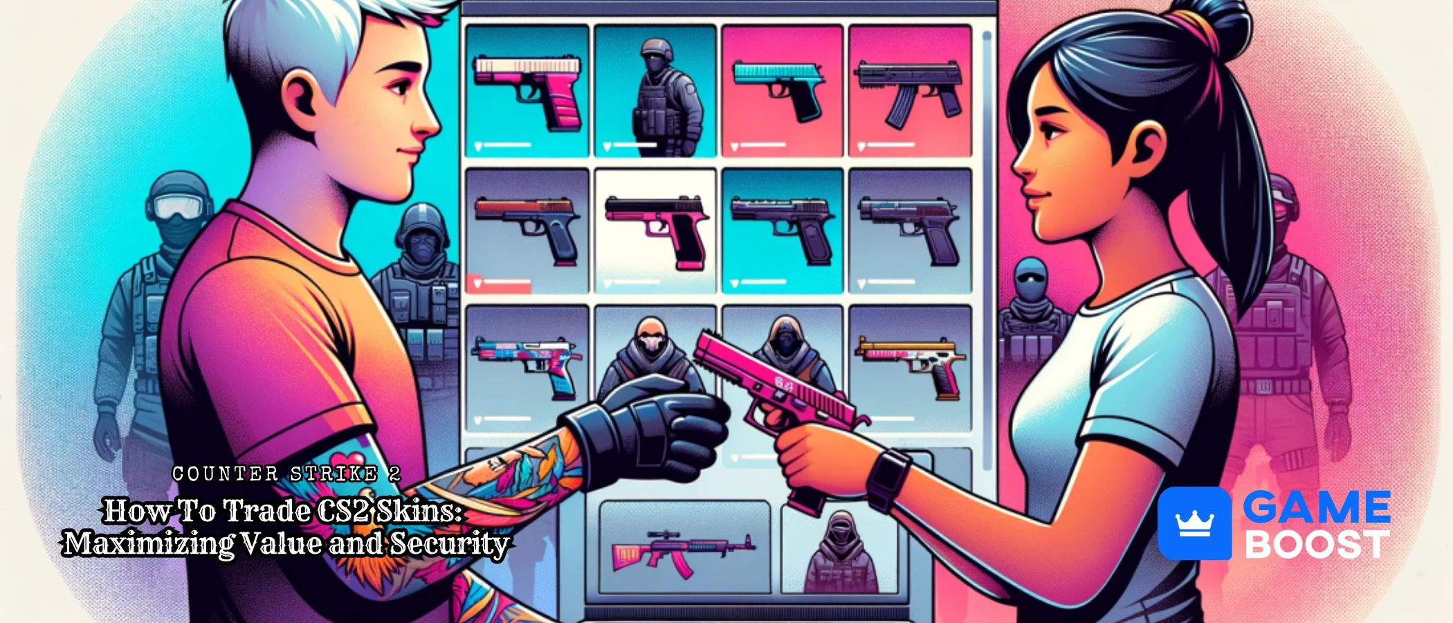 art representing trading skins in counter strike 2. blog title and gameboost logo
