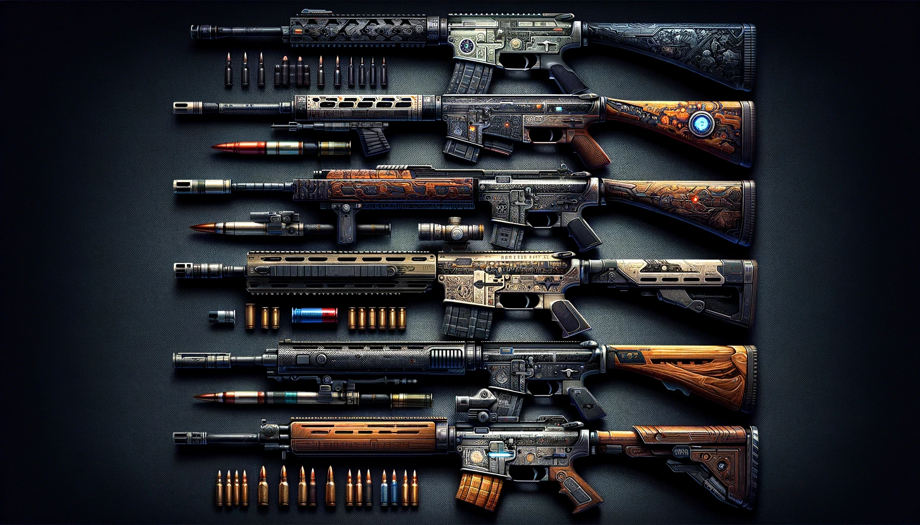 Illustration of expansive collection of diverse and iconic fictional gun skins inspired by the essence of Counter-Strike.
