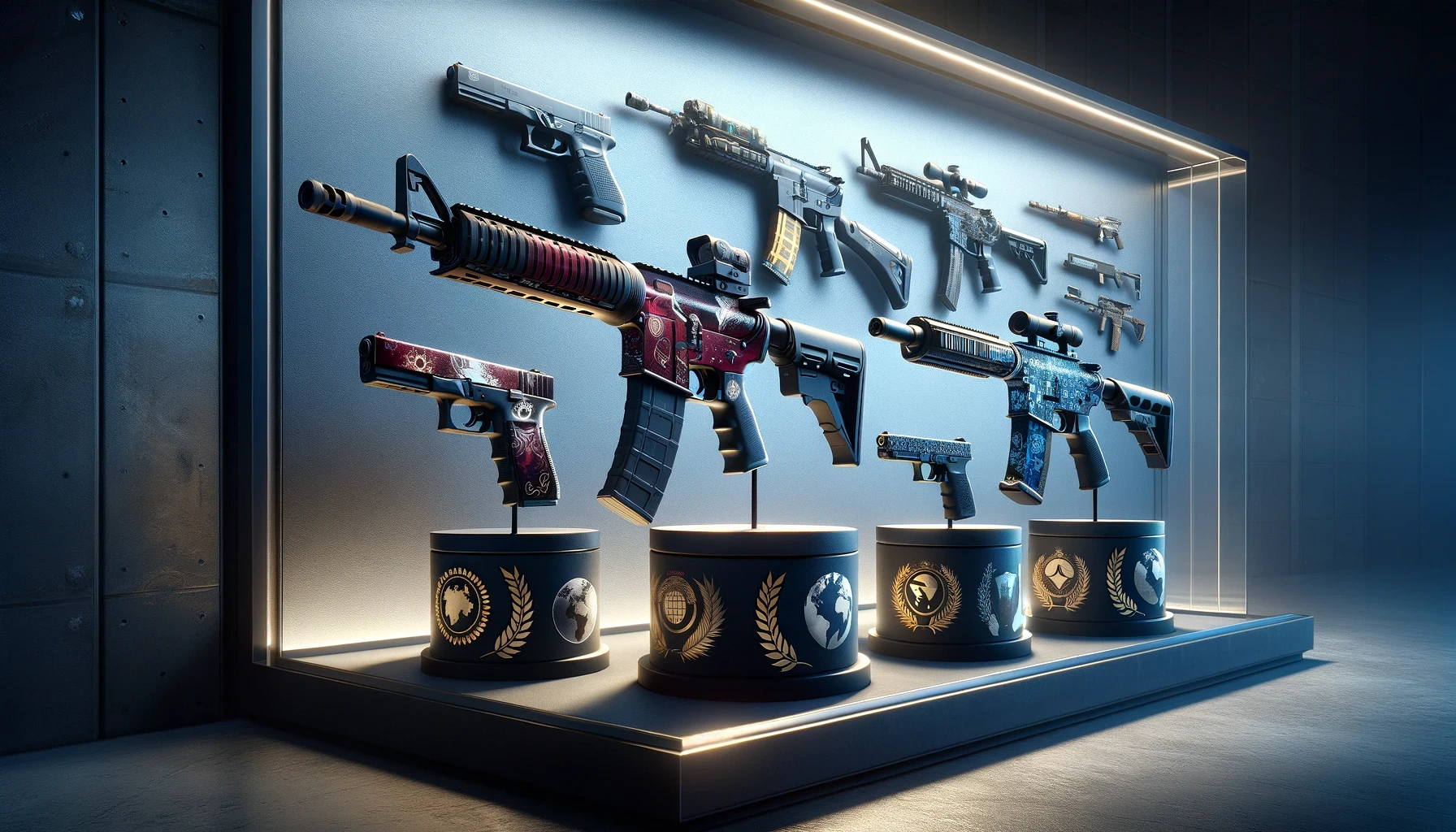 Illustration of a visually striking collection of fictional gun skins, drawing inspiration from Counter-Strike's tactical and competitive elements.