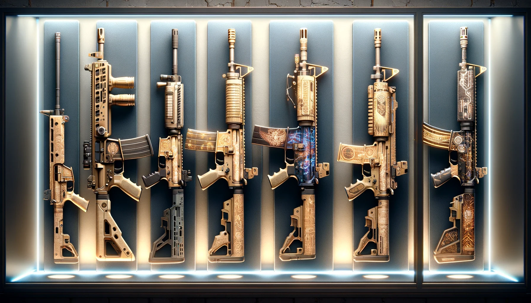 Illustration of a curated selection of fictional gun skins inspired by the storied universe of Counter-Strike.