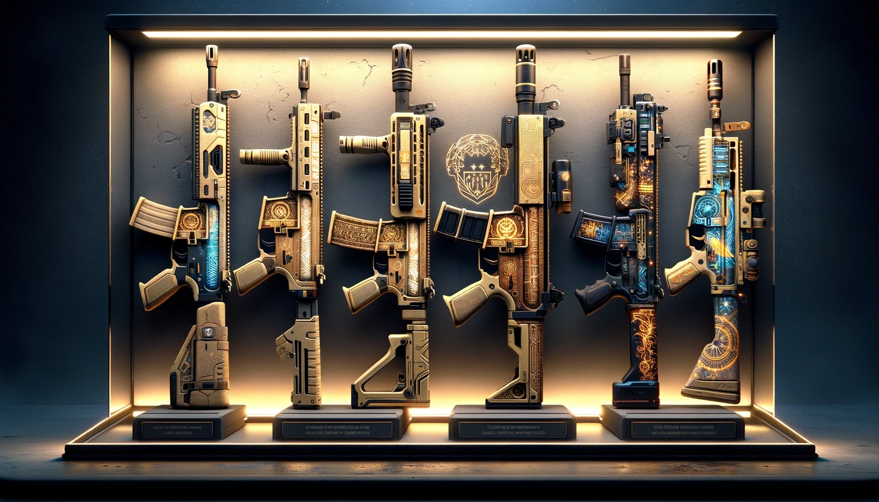 Illustration of a curated selection of fictional gun skins inspired by Counter-Strike.