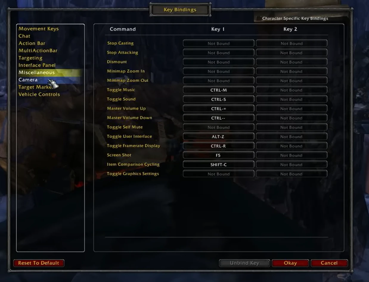 miscellaneous  key bindings wow settings
