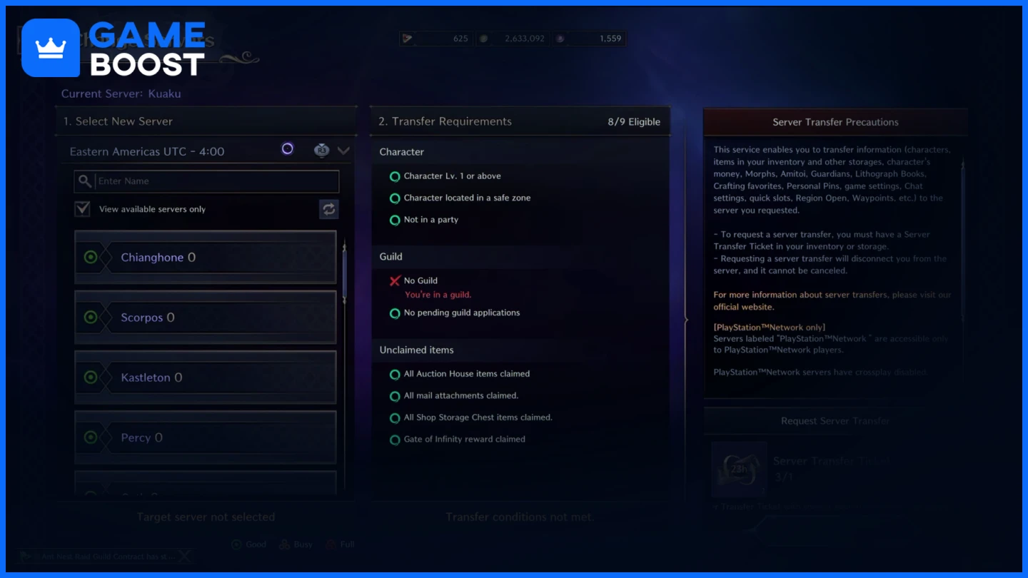 Throne and Liberty change servers panel