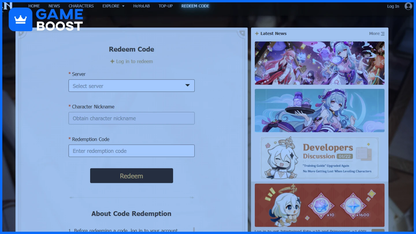 genshin impact redeem rewards on website