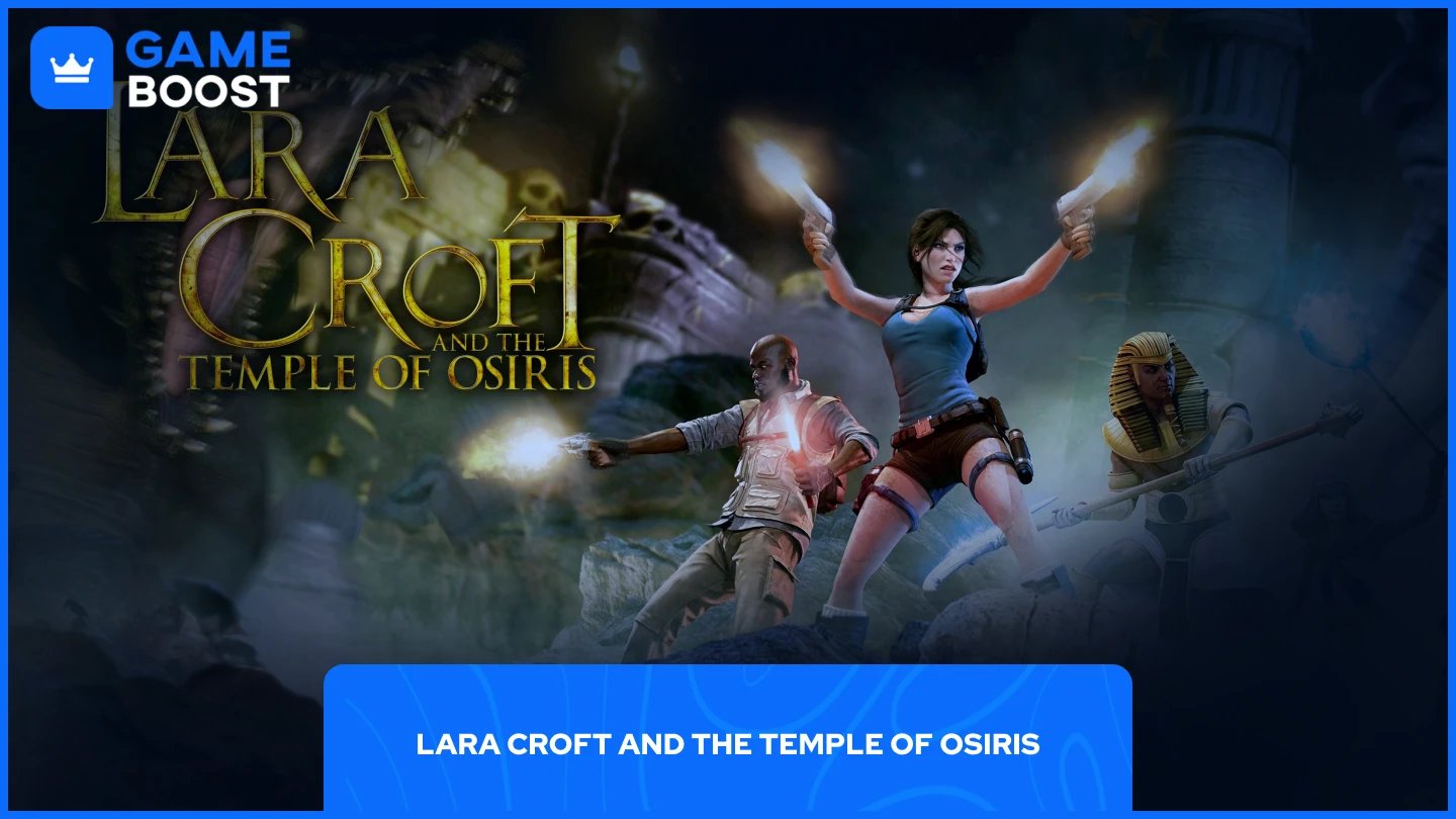 a picture for lara croft firing with two guns along side her friends