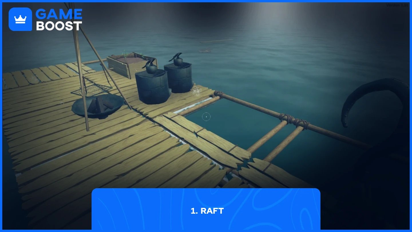 un joueur construisant un radeau dans Raft