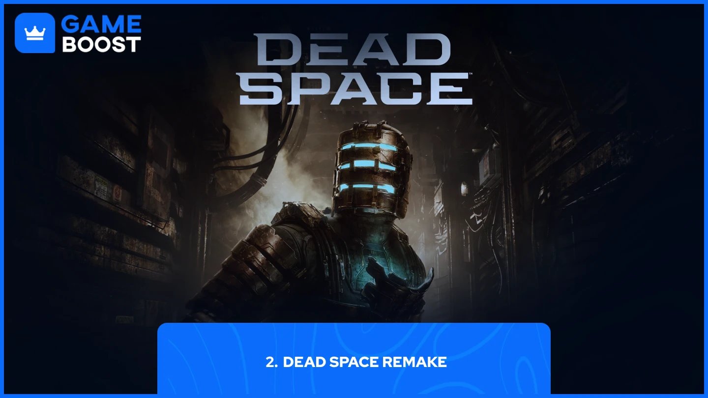 Dead Space Isaac Clarke dans son célèbre costume d'ingénieur avec des lumières de casque bleues brillantes.