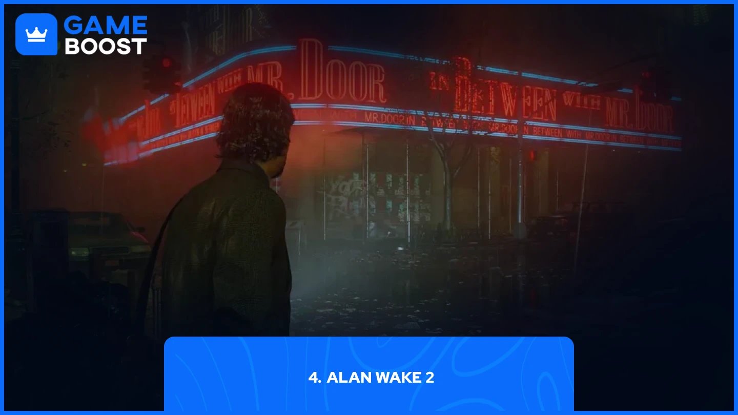 image pour Alan Wake 2, montrant le personnage principal debout dans une rue sombre et pluvieuse