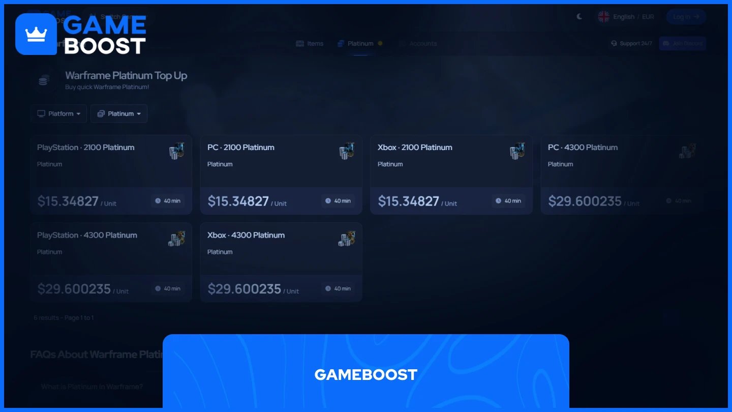 GameBoost strona produktu platinum w Warframe