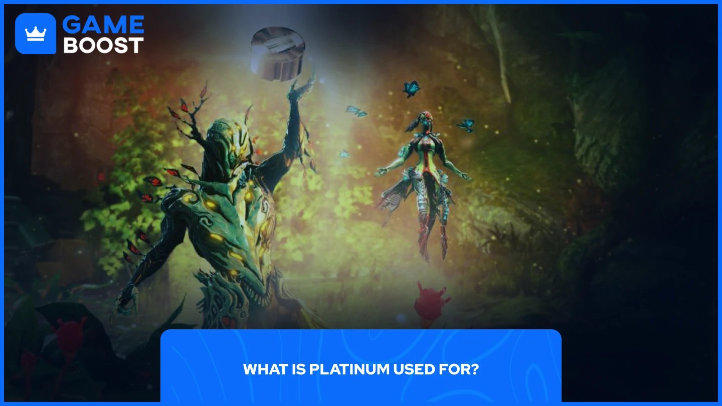 obrazek przedstawiający postać z Warframe sięgającą w górę w stronę świecącej ikony waluty Platinum