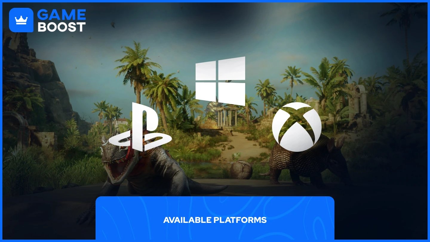 uma imagem de dois animais em new world com três logos de plataformas, pc, xbox e ps