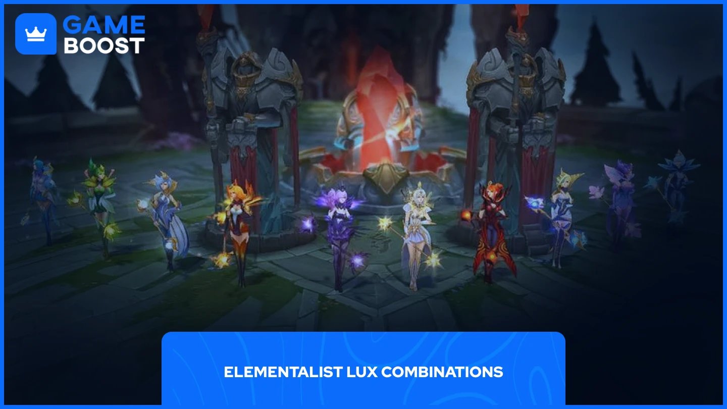 un'immagine delle 10 skin di Elementalist Lux in piedi accanto alle torri del nexus