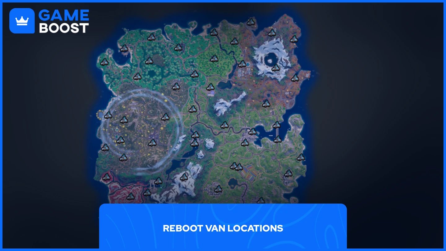 uma imagem mostrando todas as localizações de vans de reinício no fortnite