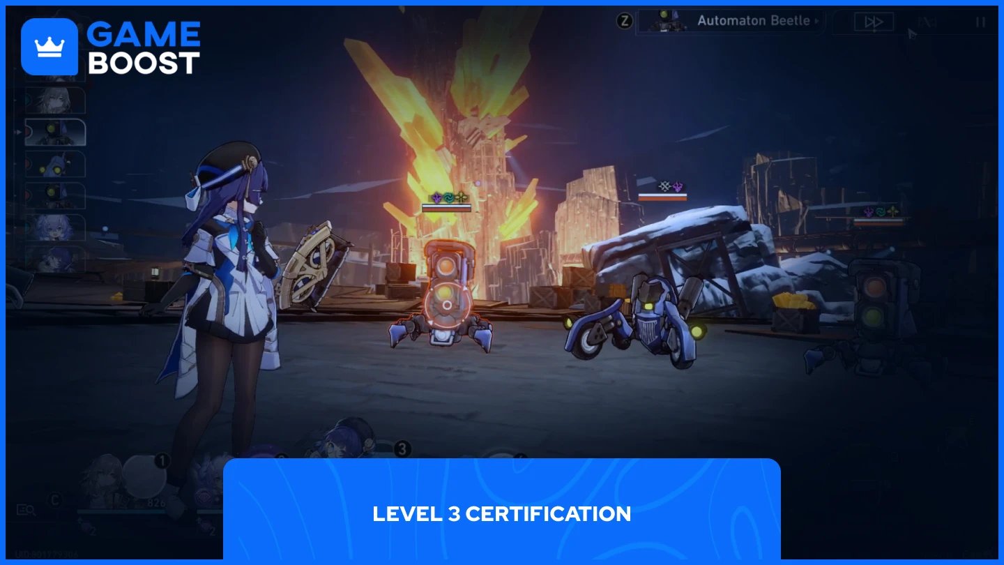 une image d'un personnage dans HSR combattant trois robots