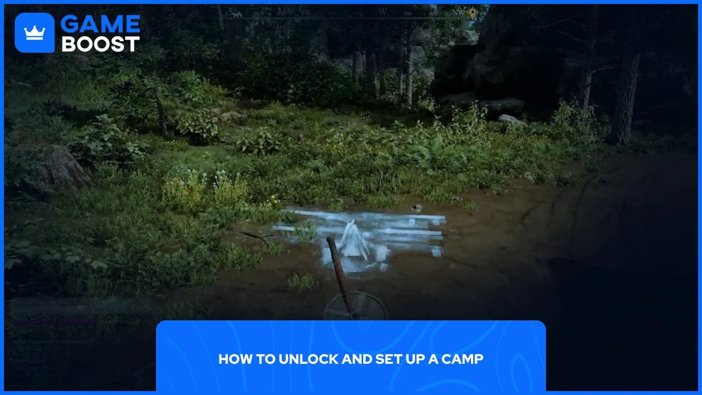 una imagen de un jugador configurando un campamento en new world