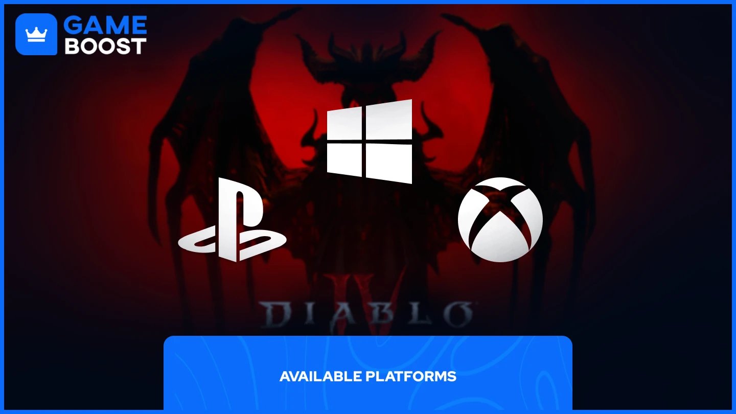 ภาพของไอคอนวินโดวส์, xbox, และเพลย์สเตชันพร้อมกับวอลเปเปอร์ diablo 4 อยู่ด้านหลัง