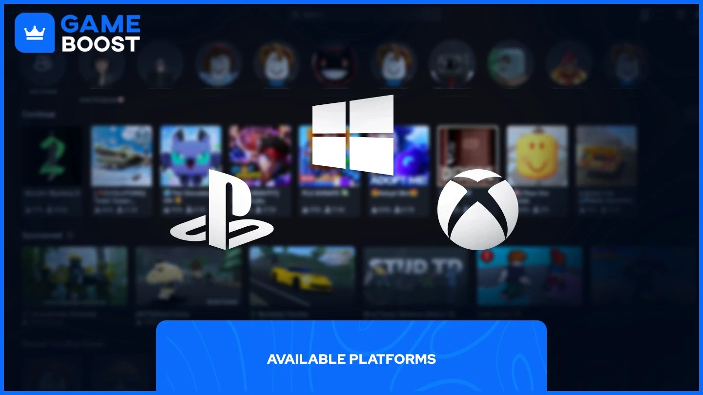 une image des logos de Windows, PlayStation et Xbox avec la page d'accueil de Roblox en arrière-plan