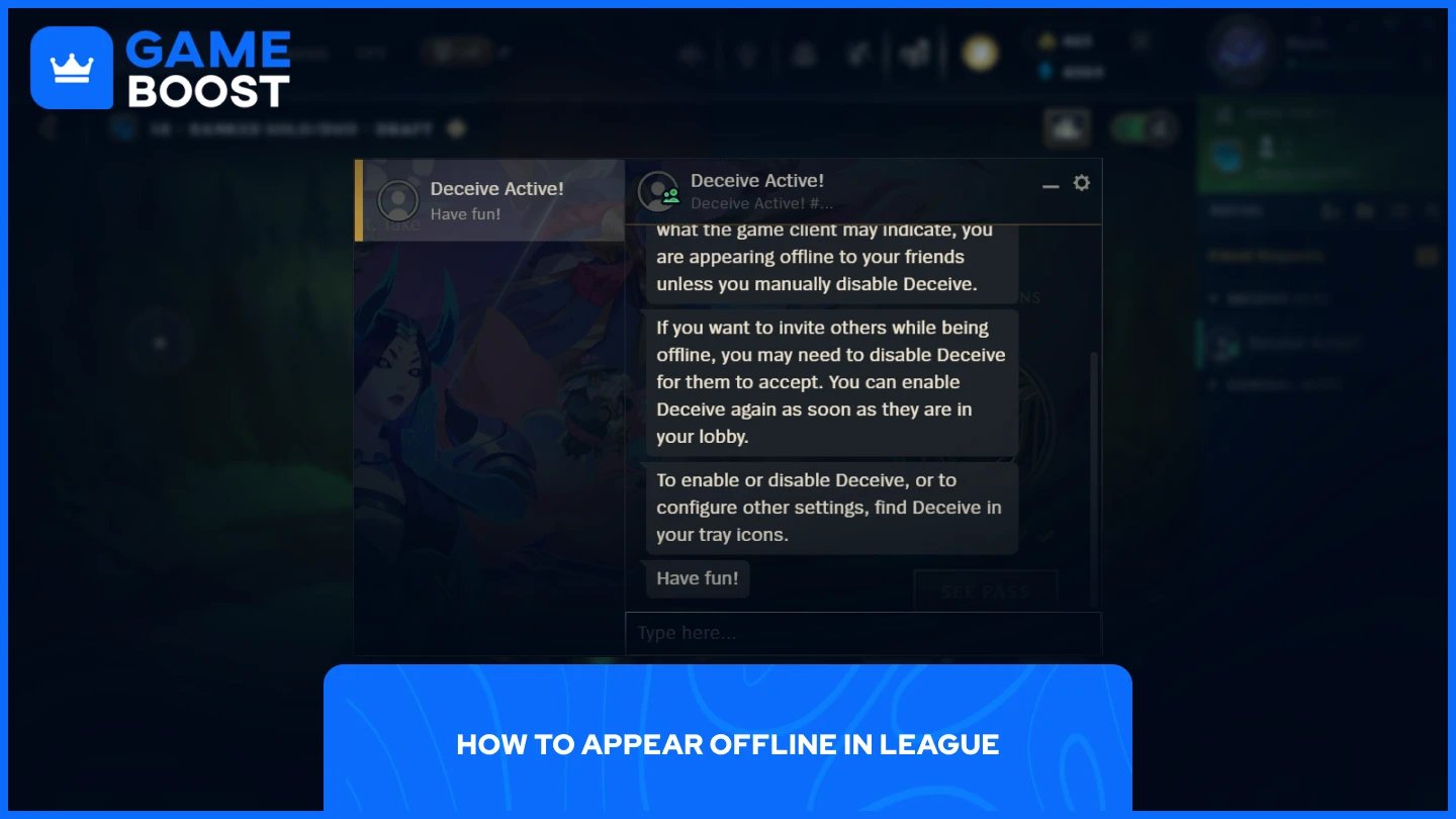รูปภาพของ Deceive กำลังวิ่งพร้อมกับ League of Legends client อยู่ในพื้นหลัง
