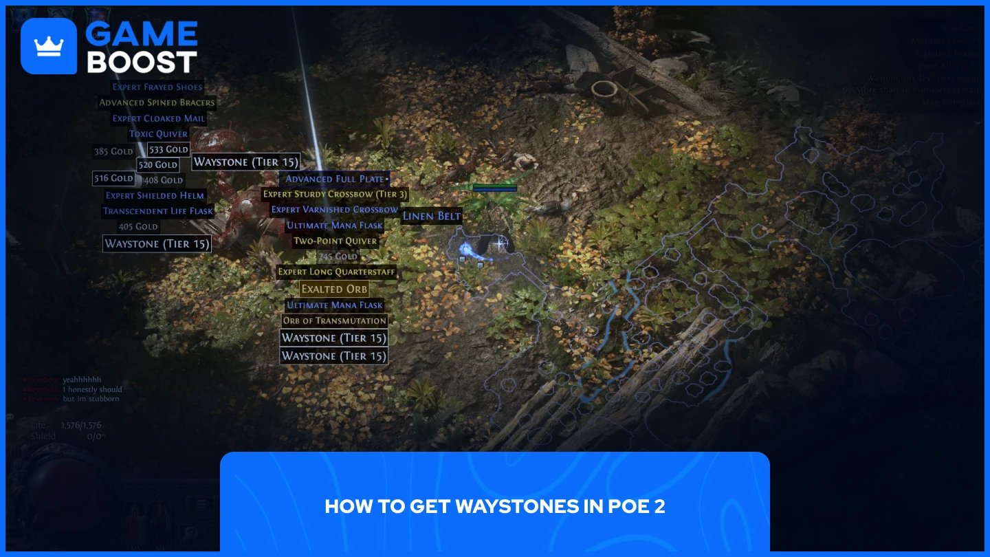 a picture of a player with multiple tier 15 waystones on the ground