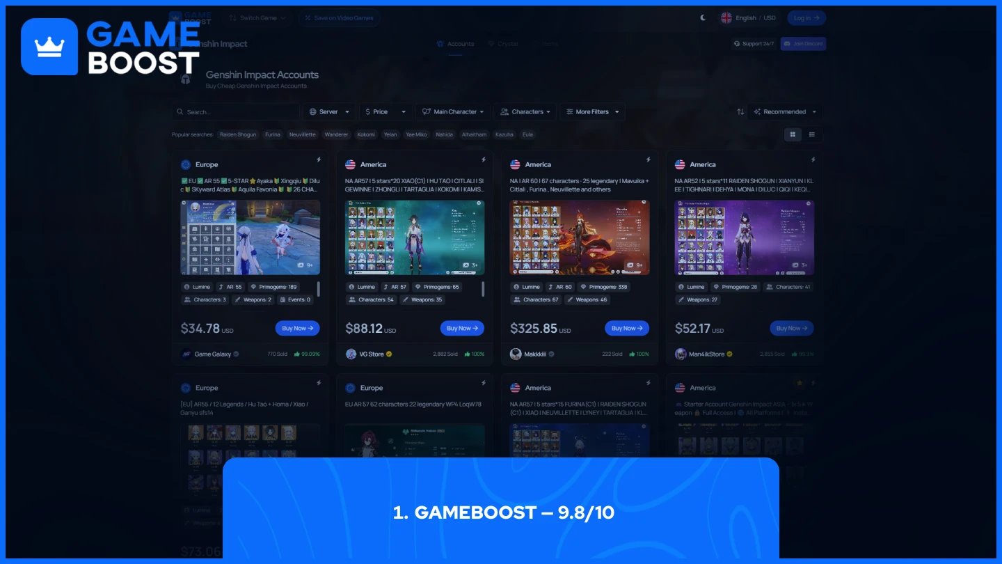 gameboost genshin impact accounts page