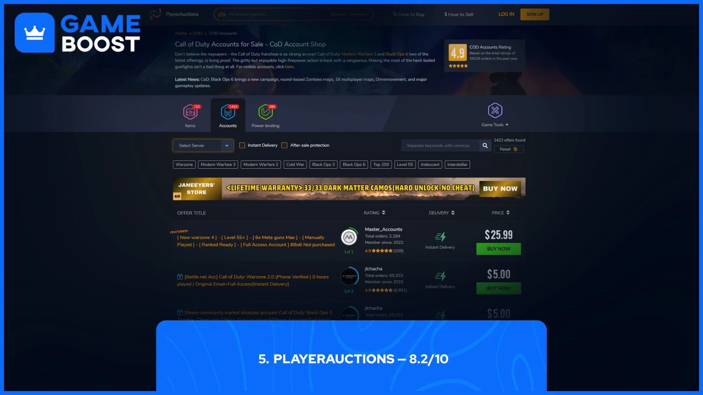 playerauctions cod accounts page