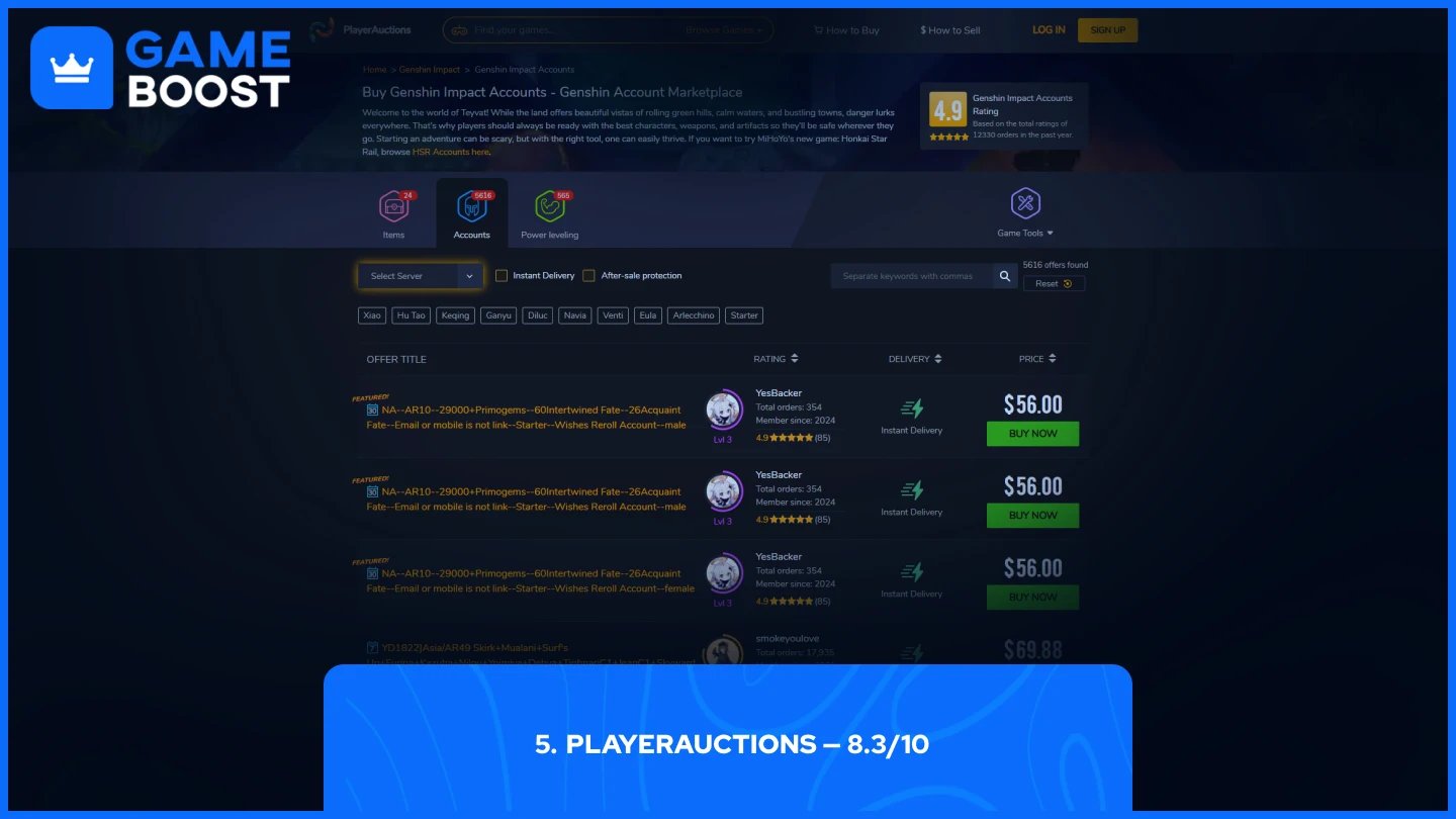 playerauctions genshin impact accounts page