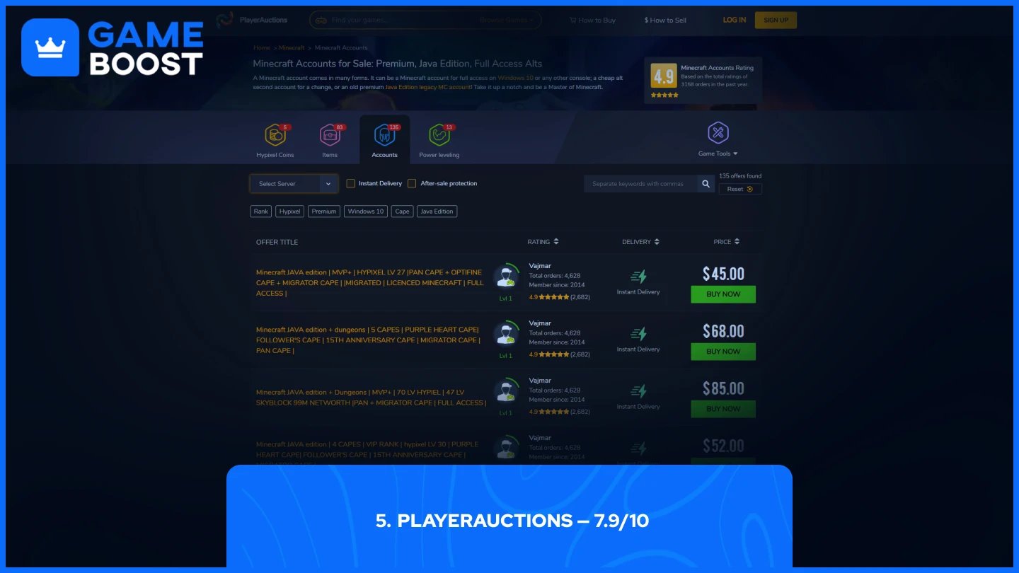 PlayerAuctions minecraft accounts page