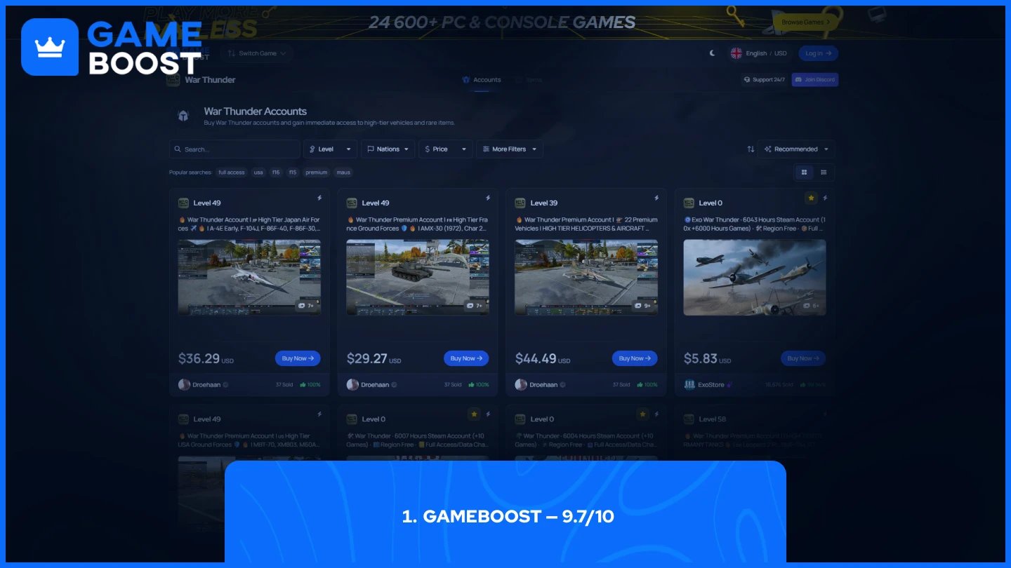 página de contas war thunder do gameboost