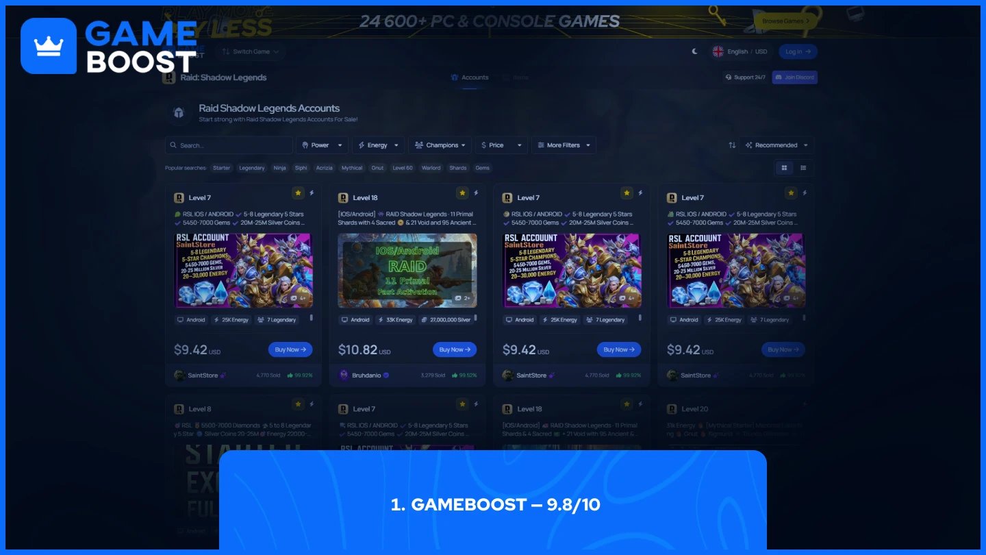 gameboost raid shadow legends accounts page