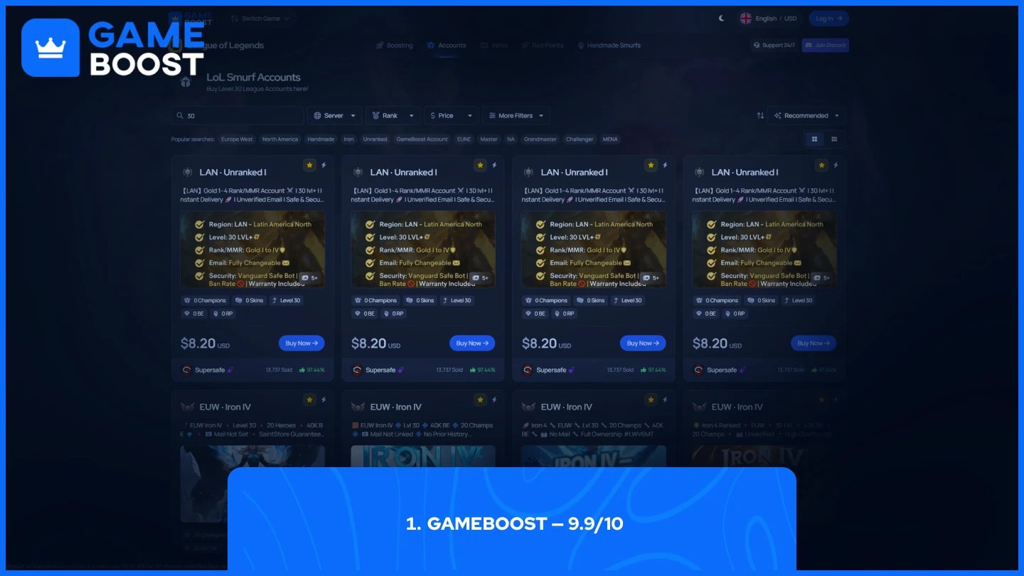 gameboost lol smurf accounts page