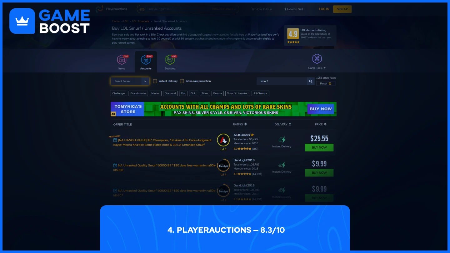 playerauctions lol smurf accounts page