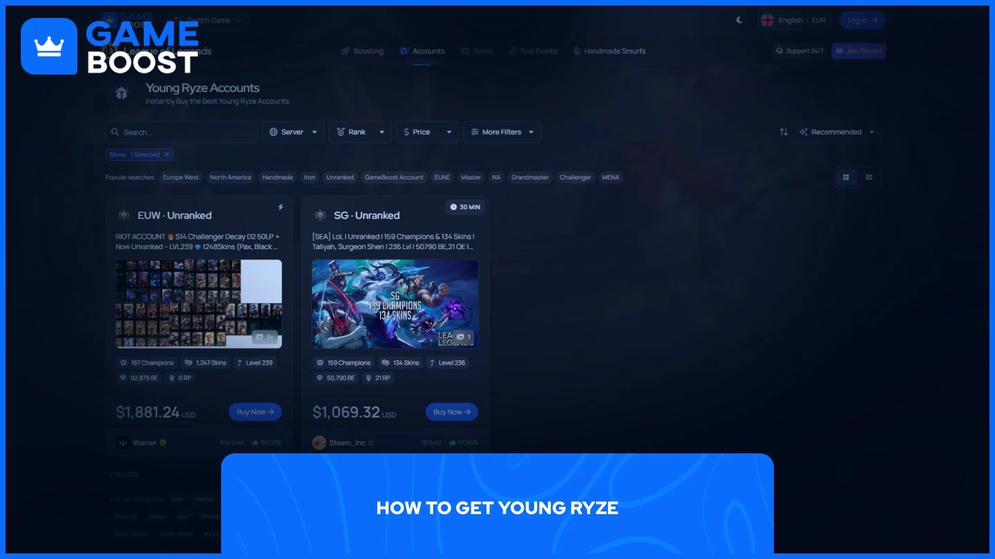 page des comptes de Ryze jeune de GameBoost