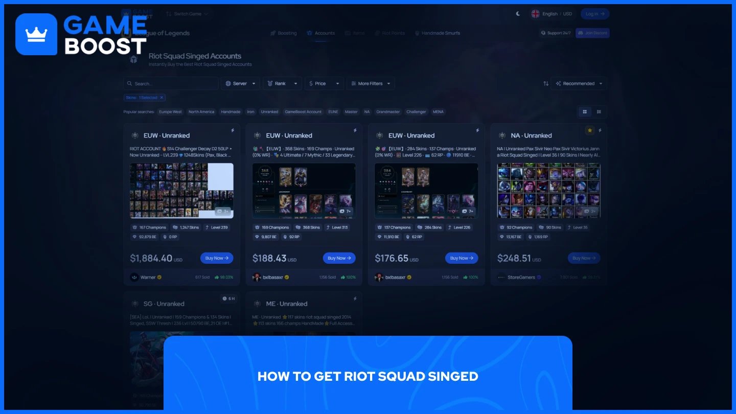 page des comptes Singed de la Riot Squad sur GameBoost
