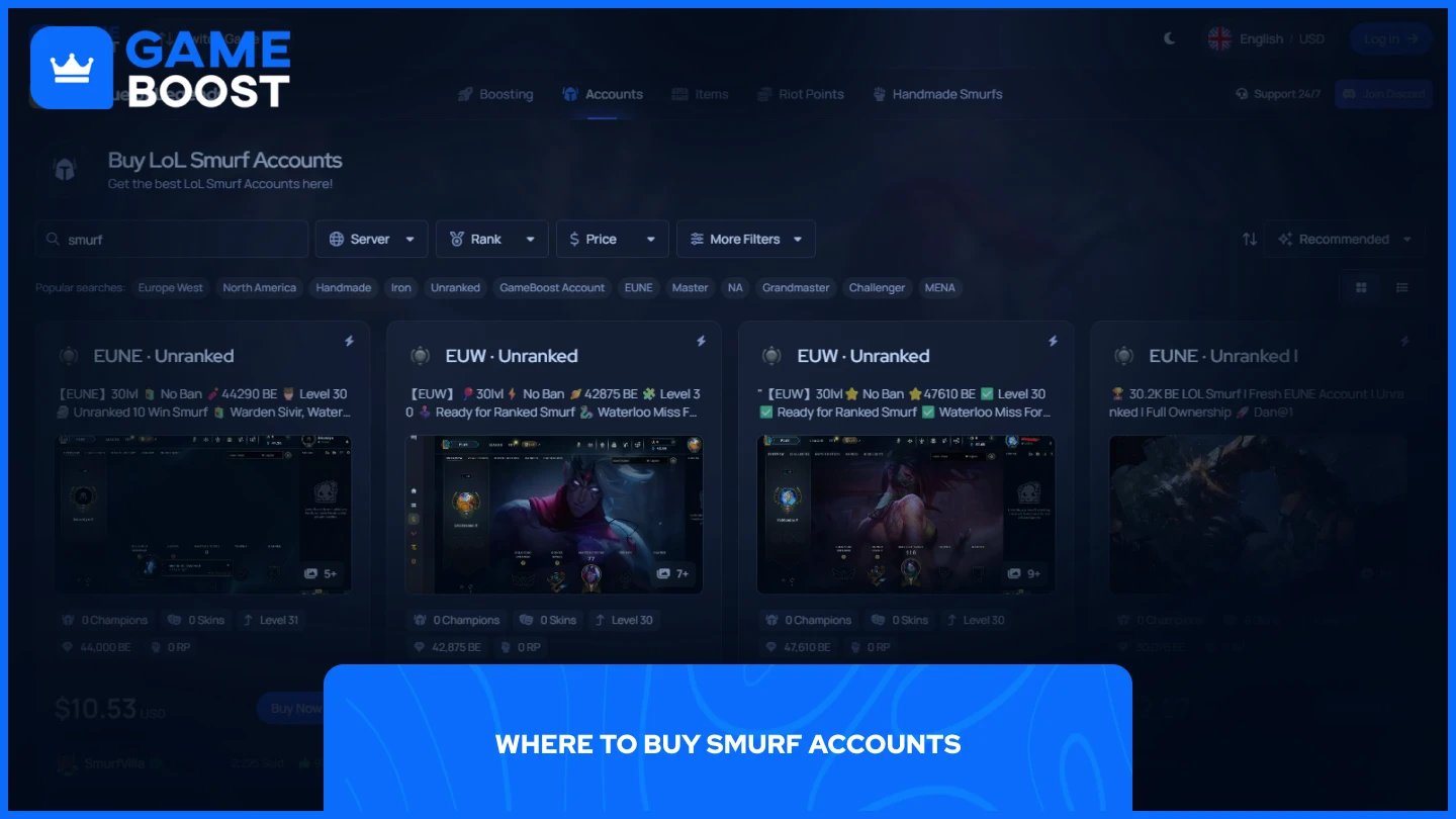 o imagine a paginii de conturi smurf gameboost lol