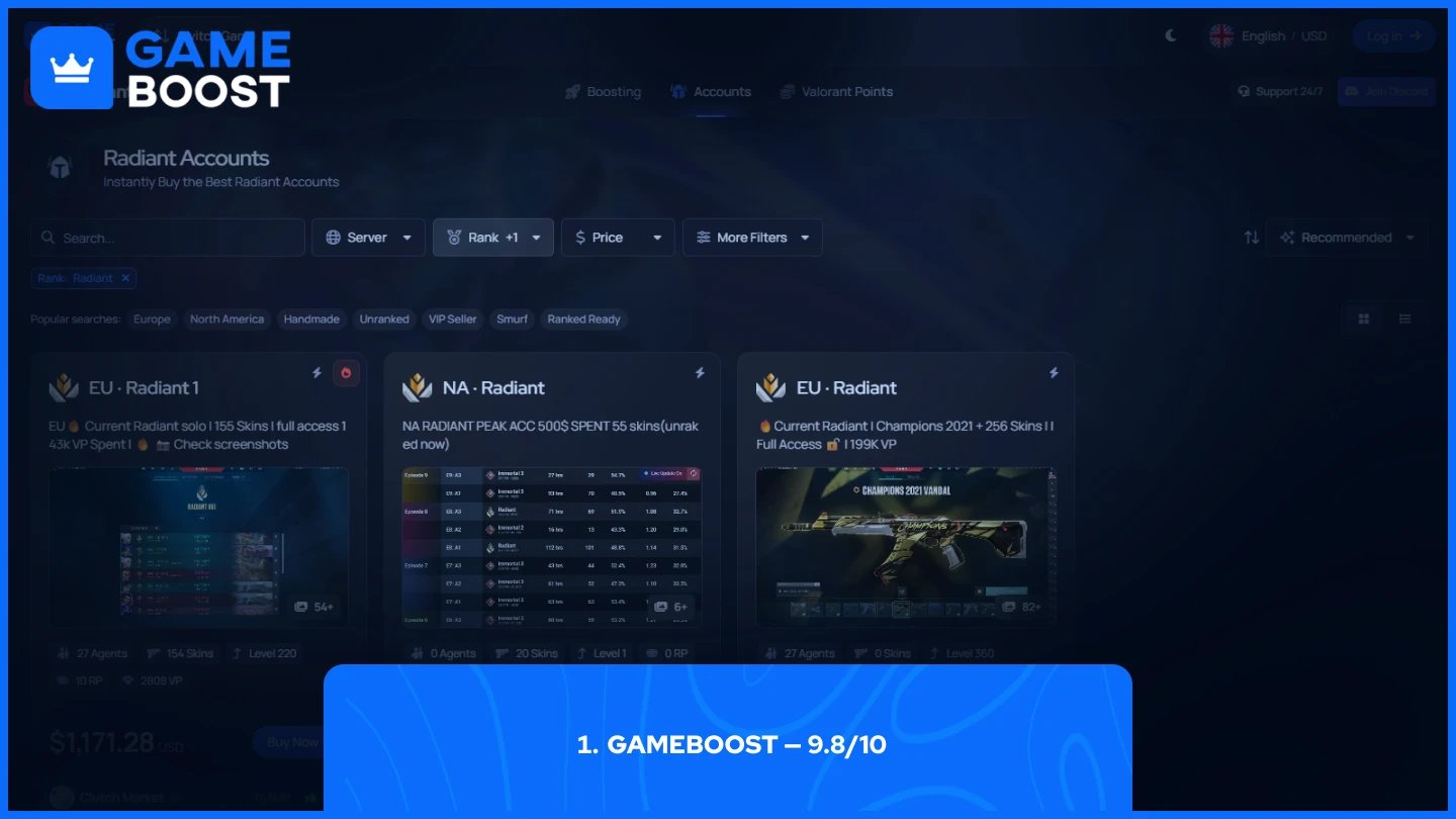 página de cuentas Radiant de Valorant de gameboost 