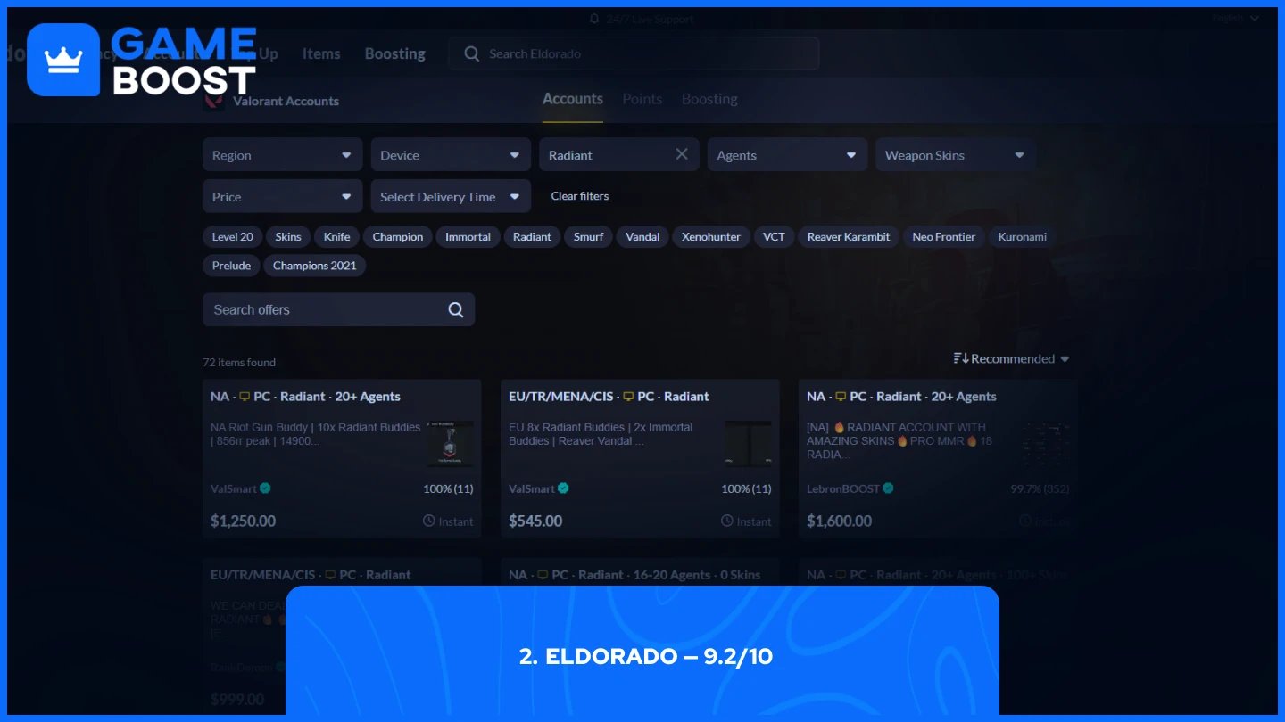 página de cuentas radiant de Eldorado en Valorant