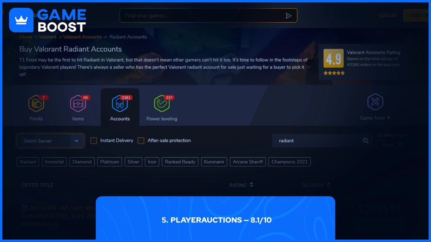página de cuentas de Valorant de PlayerAuctions